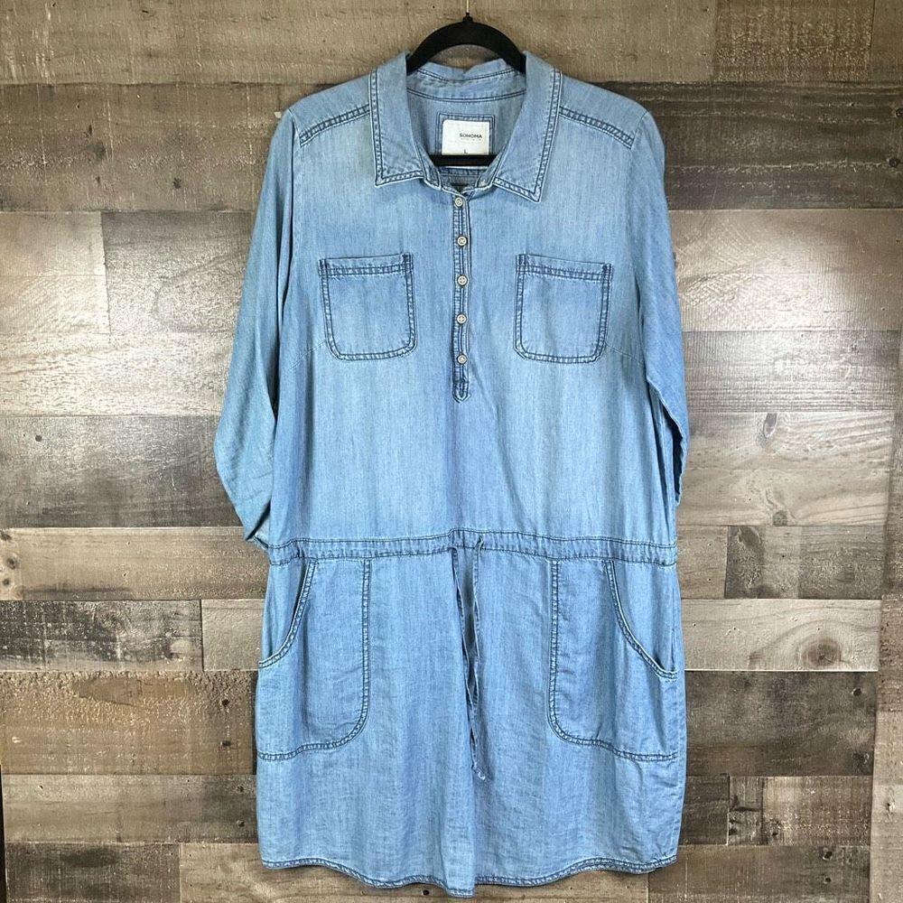 Sonoma Women’s Size Large Denim Shirt Dress Blue Roll Up Sleeve Drawstring